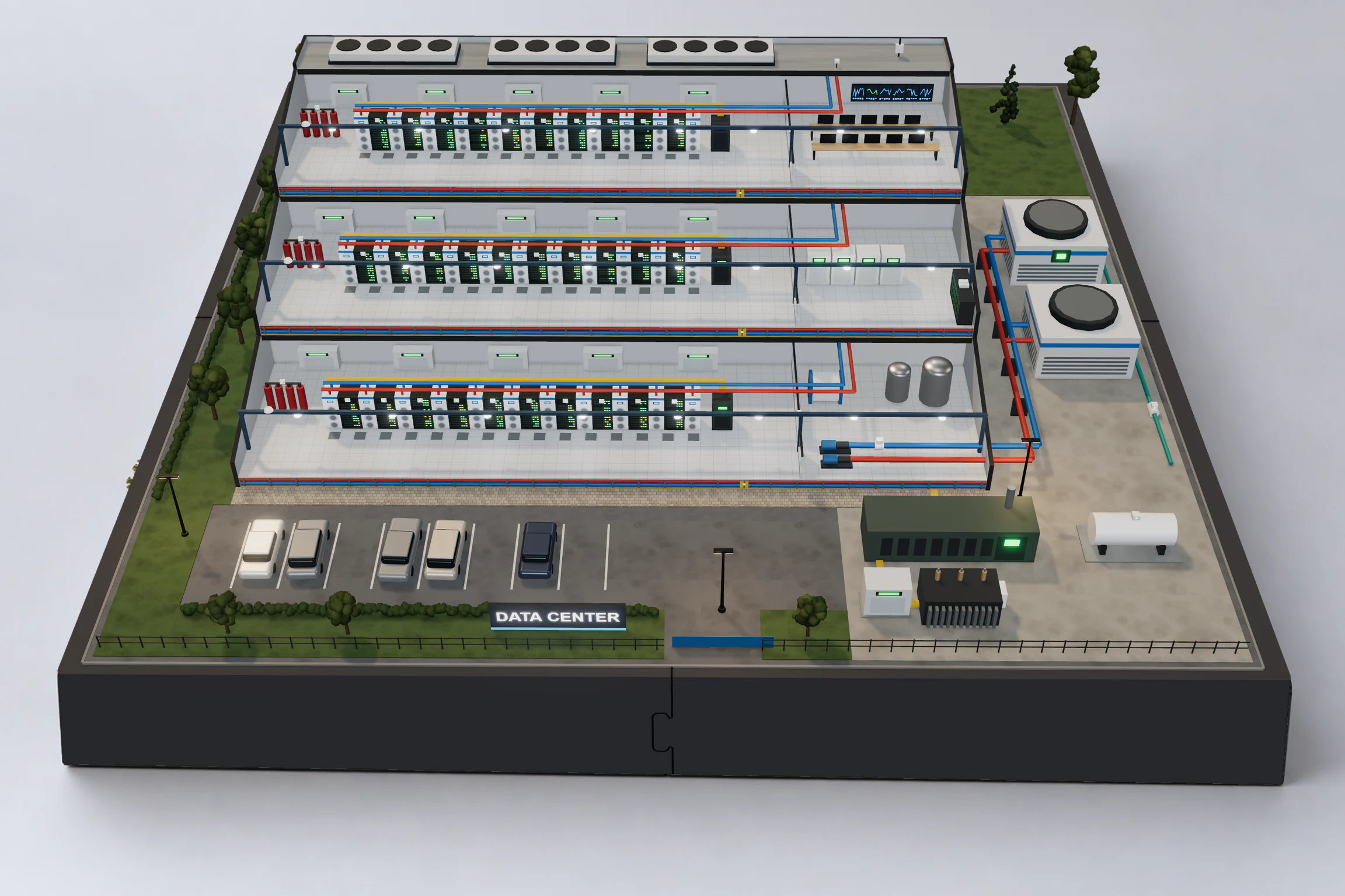 Rechenzentrumsmodell im Format 60 × 60 cm aus vier Modulen à 30 × 30 cm: ein dreistöckiges Gebäude im gestuften Schnitt, auf jeder Ebene eine Reihe von zehn Server-Racks mit Inrow-Kühlern und dem Reihenverteiler auf einem Doppelboden mit blauen und roten Kühlwasserleitungen, neben den Sälen eine Kältezentrale, ein Stromversorgungsraum und eine Leitwarte, rechts zwei Kühltürme mit Wasserzähler, vorne ein Parkplatz, ein Notstromaggregat, ein Kraftstofftank, ein Transformator und der Hauptverteiler