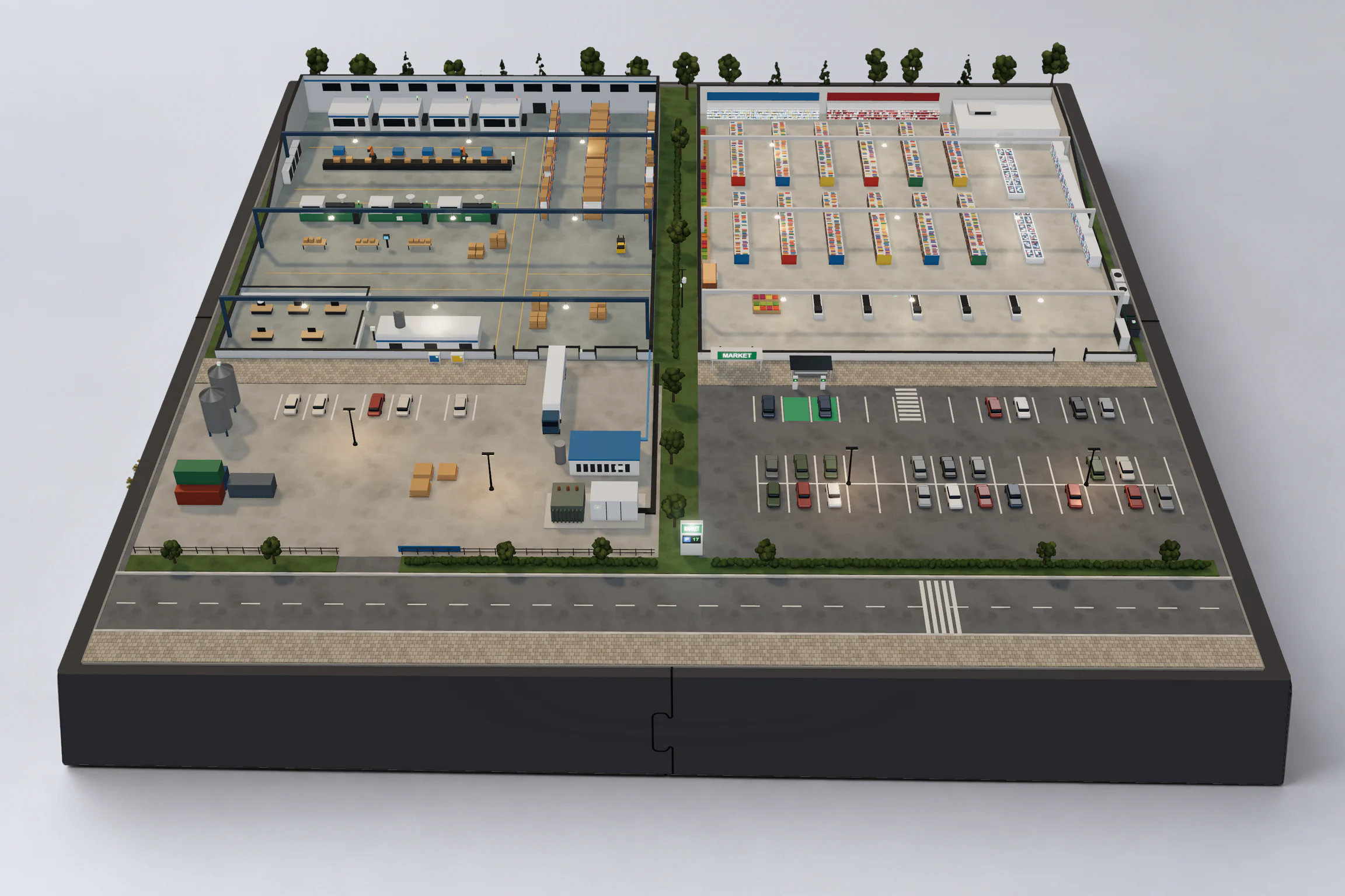 Industriemodell im Format 60 × 60 cm aus vier Modulen à 30 × 30 cm: links ein Fertigungswerk im Schnitt mit CNC-Maschinen und ihren Signalsäulen, einer Montagelinie mit zwei Robotern, Spritzgießmaschinen, einem Stillstandsterminal, einem Lager, einer Lüftungsanlage und einem Büro, rechts ein Supermarkt im Schnitt mit Regalen, Kühlregalen, Tiefkühltruhen, einer warmen Feinkosttheke und Kassen, daneben die Verflüssiger der Kälteanlage und zwei Abfallbehälter, vorne ein Hof mit Lkw, Transformator, Hauptverteiler, Kompressorstation und zwei Silos, ein Parkplatz mit zwei Ladestationen für Elektrofahrzeuge, eine Wetterstation und ein Pylon mit Anzeige der freien Parkplätze
