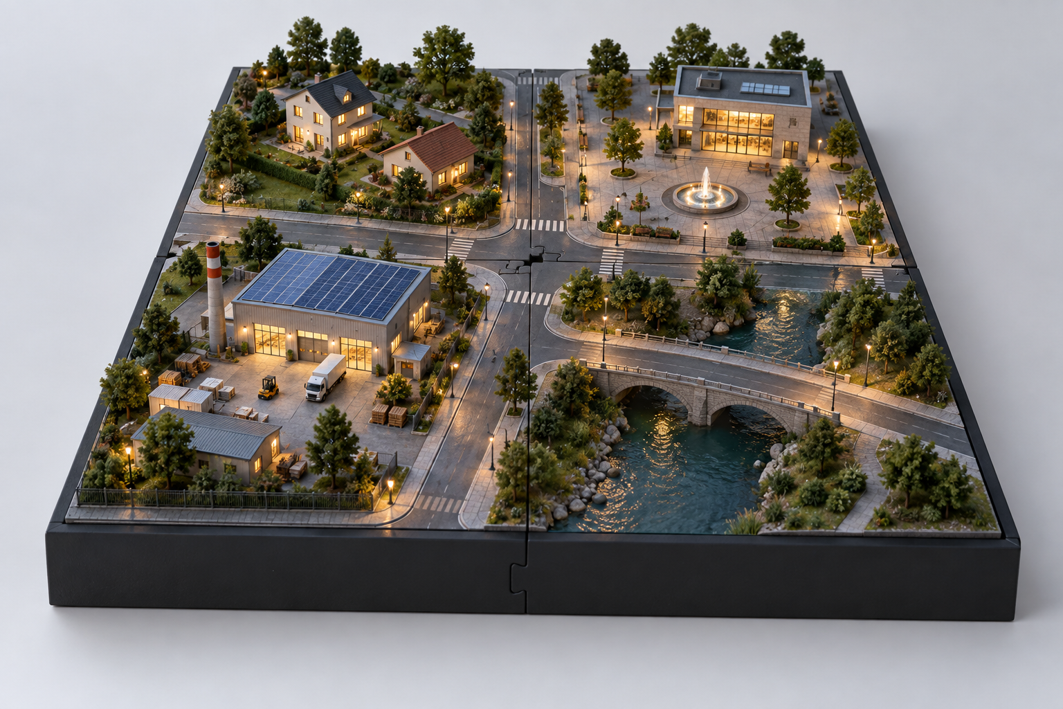 Fotorealistisches Stadtmodell im Format 60 × 60 cm aus vier Modulen à 30 × 30 cm: Wohnhäuser, öffentlicher Platz, Fabrik, Fluss und Brücke